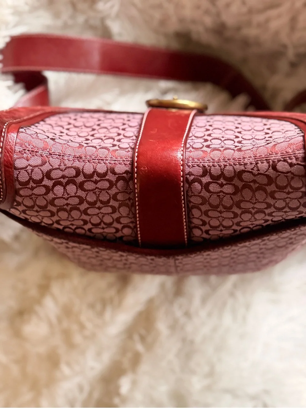 Coach Burgundy Signature Monogram Crossbody Bag with Red Leather Trim